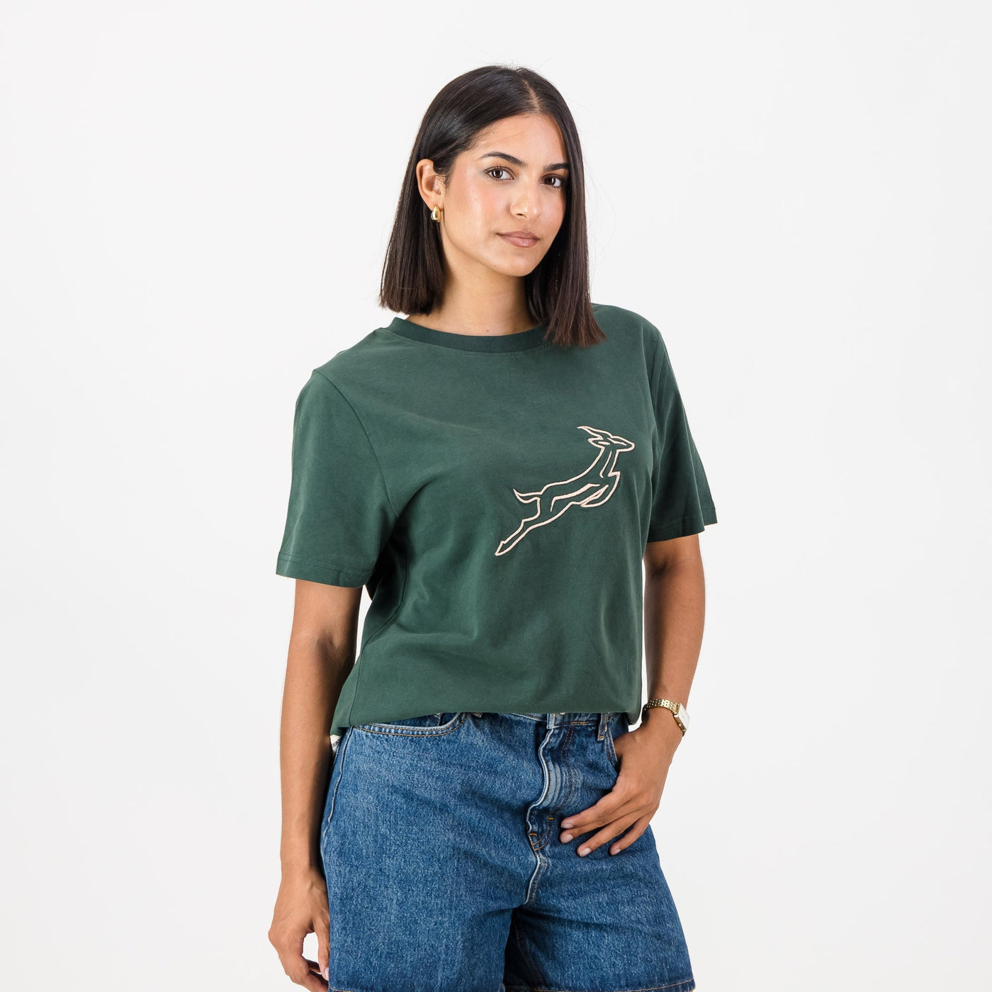 Official Springboks Ladies Outline Bok Crew Tee - Premium Cotton, Military Olive Green