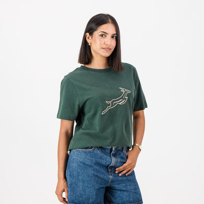Official Springboks Ladies Outline Bok Crew Tee - Premium Cotton, Military Olive Green