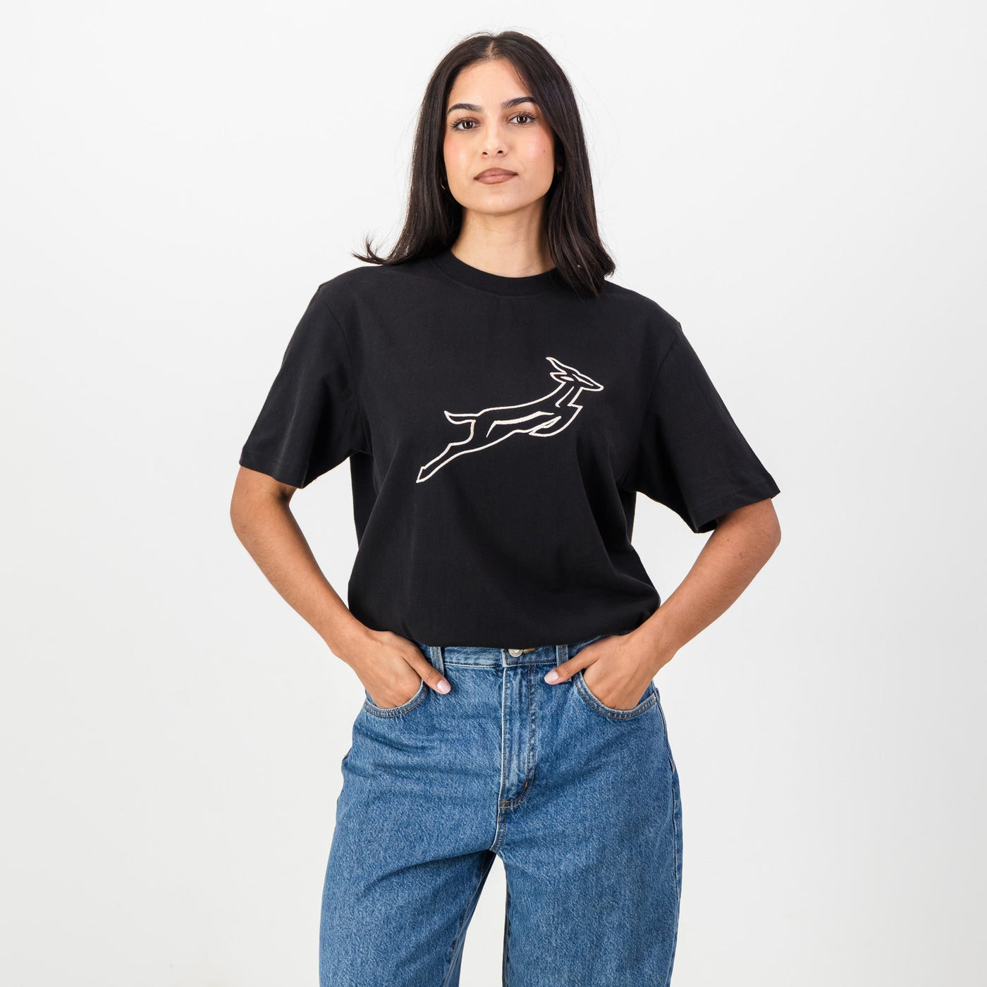 Official Springboks Outline Embroidered Black Crew Tee - Premium Cotton Comfort