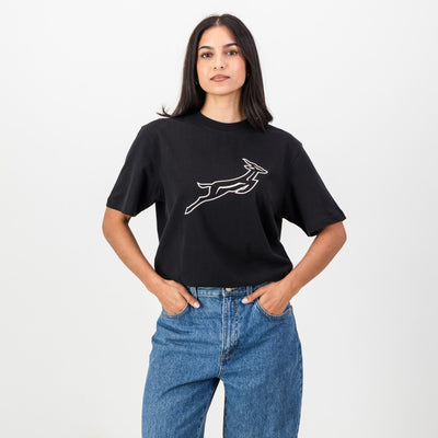 Official Springboks Outline Embroidered Black Crew Tee - Premium Cotton Comfort