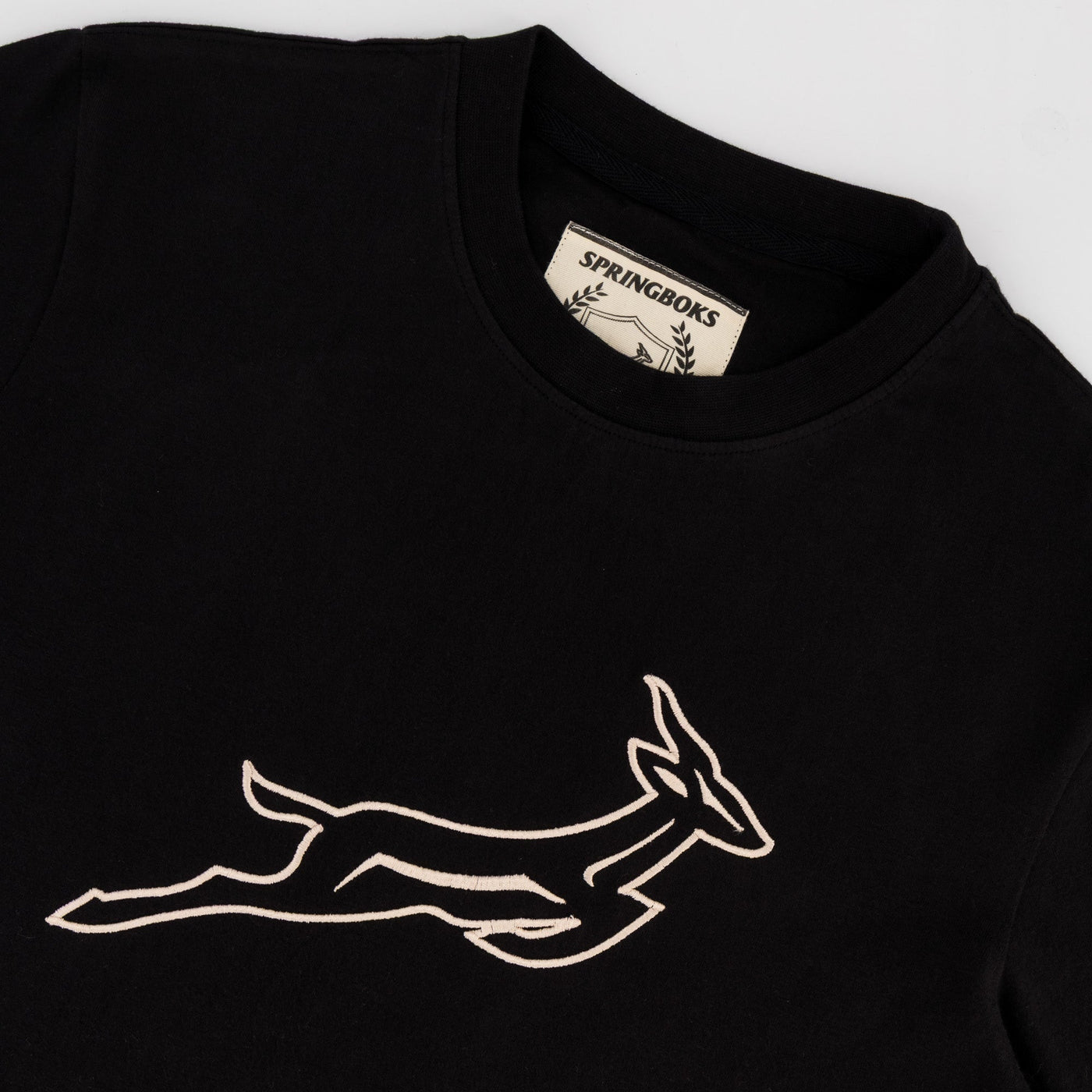 Official Springboks Outline Embroidered Black Crew Tee - Premium Cotton Comfort