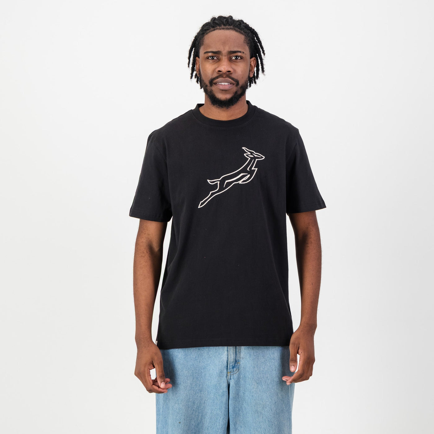 Official Springboks Outline Embroidered Black Crew Tee - Premium Cotton Comfort