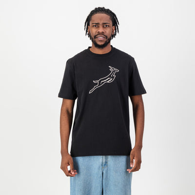 Official Springboks Outline Embroidered Black Crew Tee - Premium Cotton Comfort