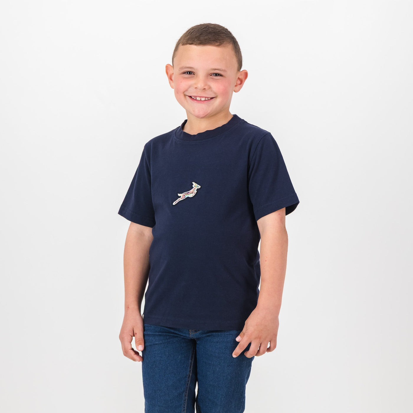 Springboks Kids Navy Pop Badge Crew Tee - Soft Cotton Rugby Fan
