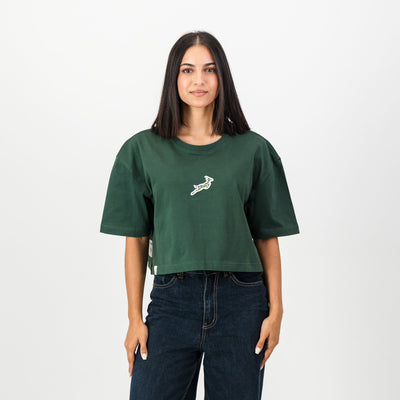 Springboks Rugby Pop Badge Ladies Boxy Crew Tee - OS Green Fan Apparel
