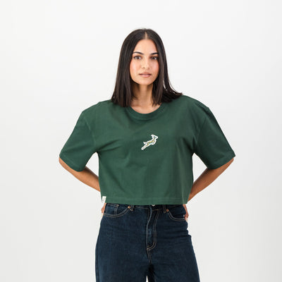 Springboks Rugby Pop Badge Ladies Boxy Crew Tee - OS Green Fan Apparel