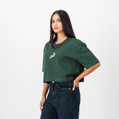 Springboks Rugby Pop Badge Ladies Boxy Crew Tee - OS Green Fan Apparel
