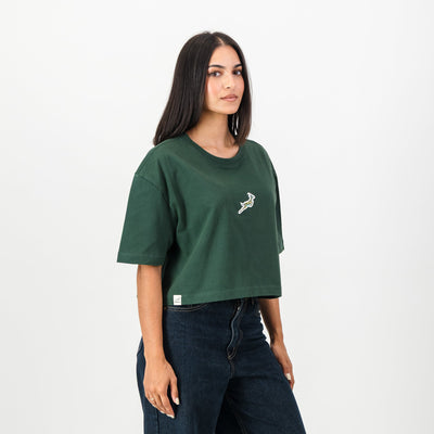 Springboks Rugby Pop Badge Ladies Boxy Crew Tee - OS Green Fan Apparel