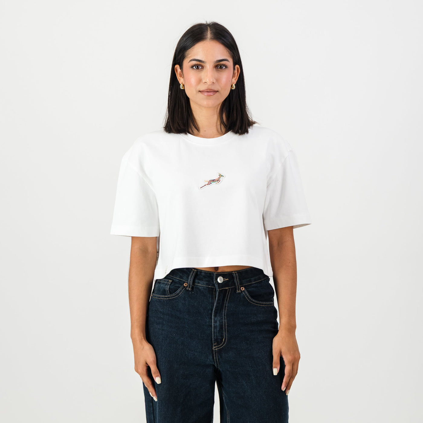 Springboks Ladies Boxy Crew Tee: White Cropped Cotton Rugby Fan Top