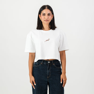 Springboks Ladies Boxy Crew Tee: White Cropped Cotton Rugby Fan Top