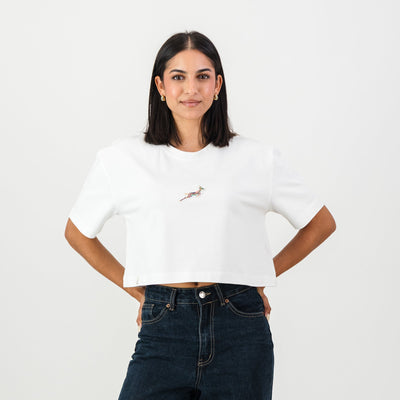 Springboks Ladies Boxy Crew Tee: White Cropped Cotton Rugby Fan Top