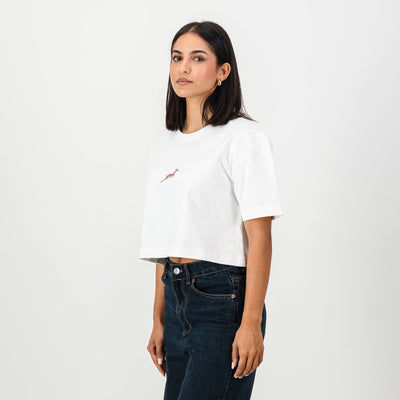 Springboks Ladies Boxy Crew Tee: White Cropped Cotton Rugby Fan Top