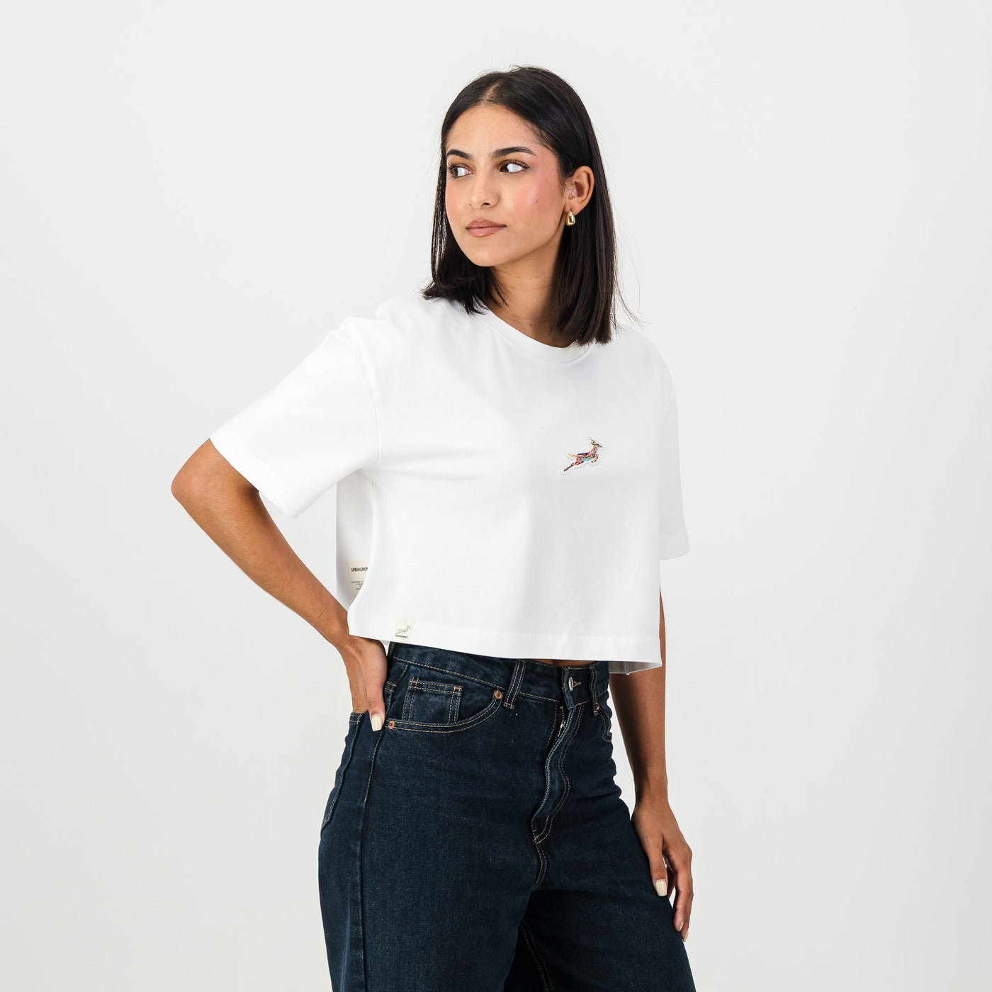 Springboks Ladies Boxy Crew Tee: White Cropped Cotton Rugby Fan Top