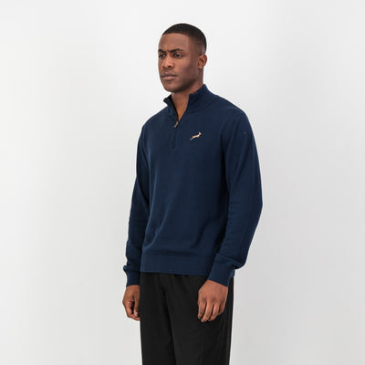 Luxurious Navy Springboks Quarter-Zip Knit Sweater - Soft Cotton, YKK Zipper