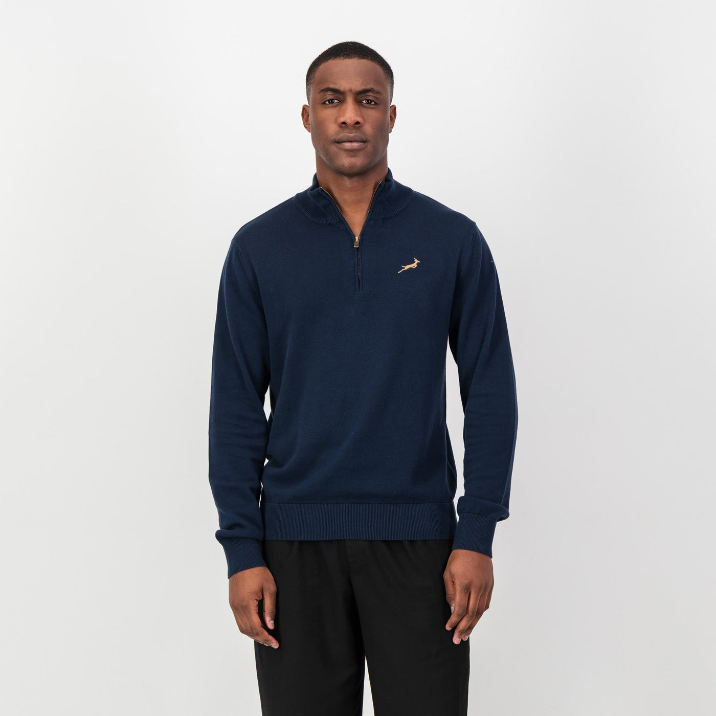 Luxurious Navy Springboks Quarter-Zip Knit Sweater - Soft Cotton, YKK Zipper