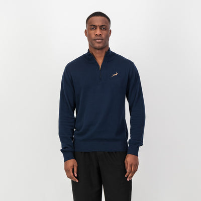 Luxurious Navy Springboks Quarter-Zip Knit Sweater - Soft Cotton, YKK Zipper