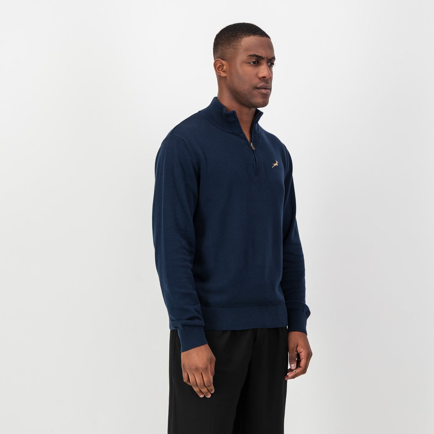 Luxurious Navy Springboks Quarter-Zip Knit Sweater - Soft Cotton, YKK Zipper