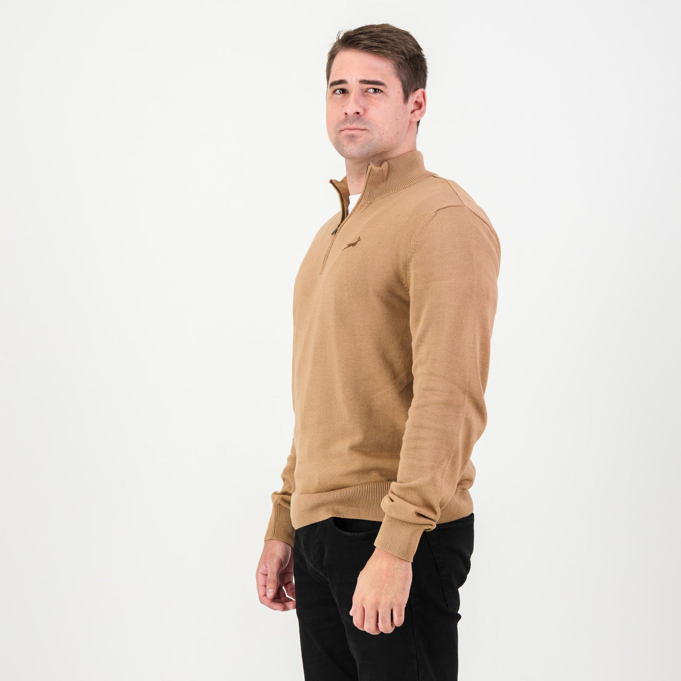 Luxurious Springboks Toffee Quarter Zip Knit Sweater Soft Cotton Comfort
