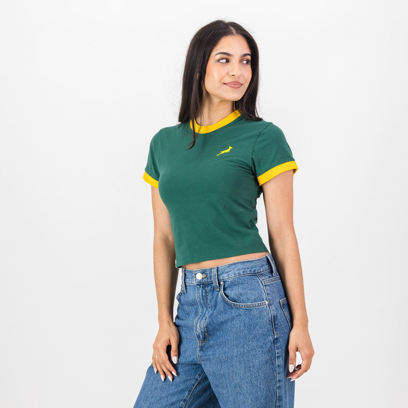 Official Springboks Women's Green Ringer Crop Crew Neck Rugby Tee Top