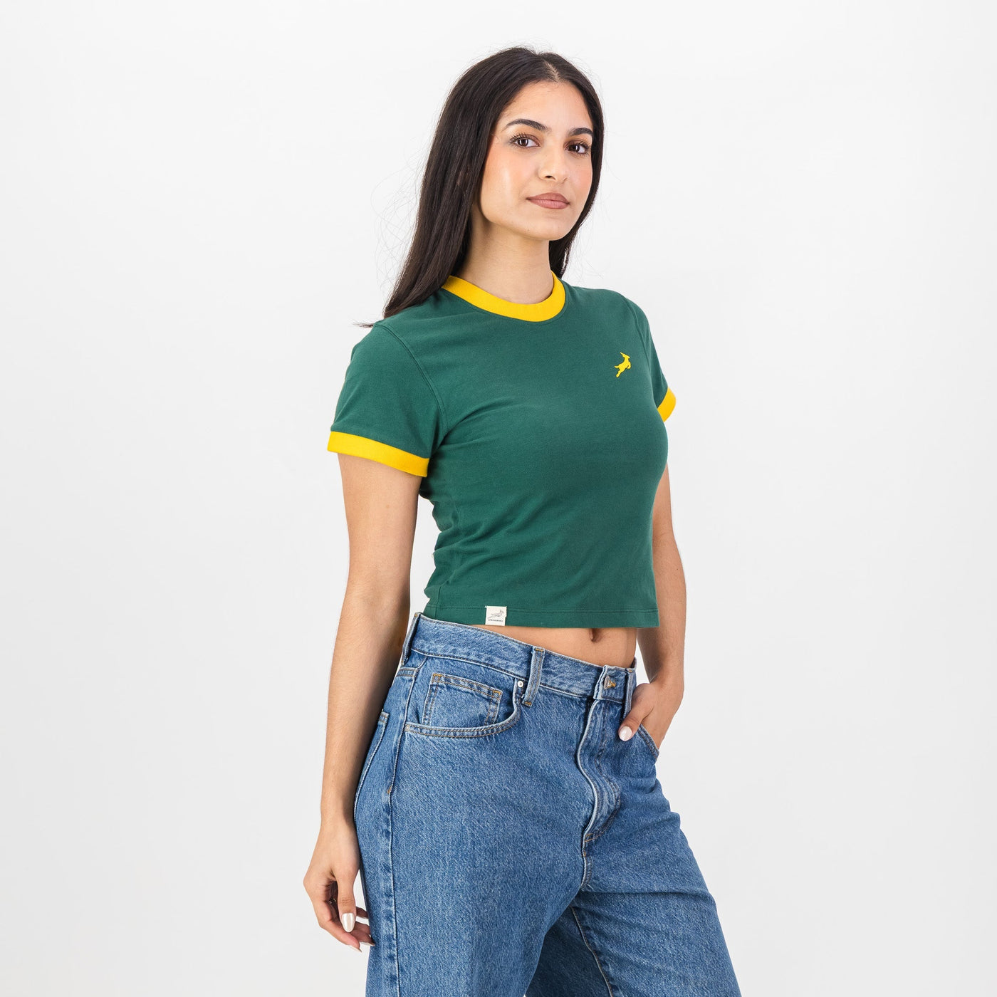 Official Springboks Women's Green Ringer Crop Crew Neck Rugby Tee Top