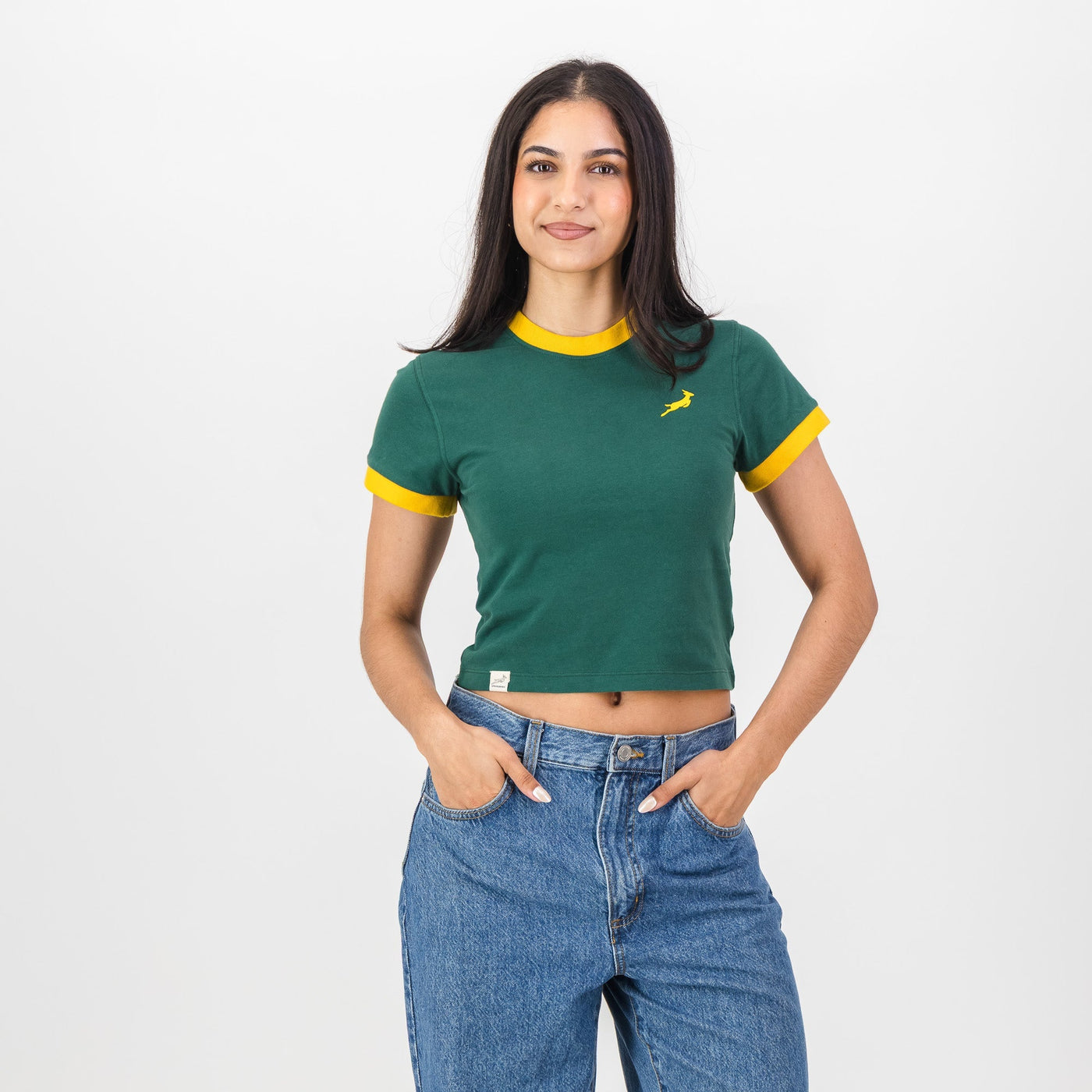 Official Springboks Women's Green Ringer Crop Crew Neck Rugby Tee Top