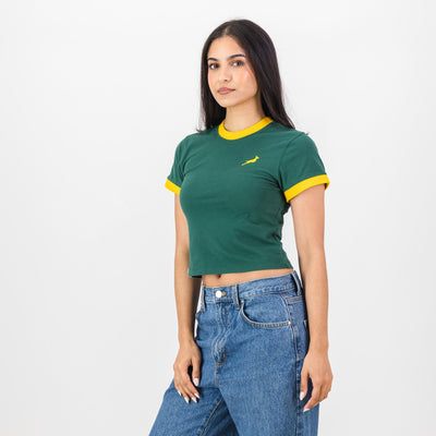 Official Springboks Women's Green Ringer Crop Crew Neck Rugby Tee Top