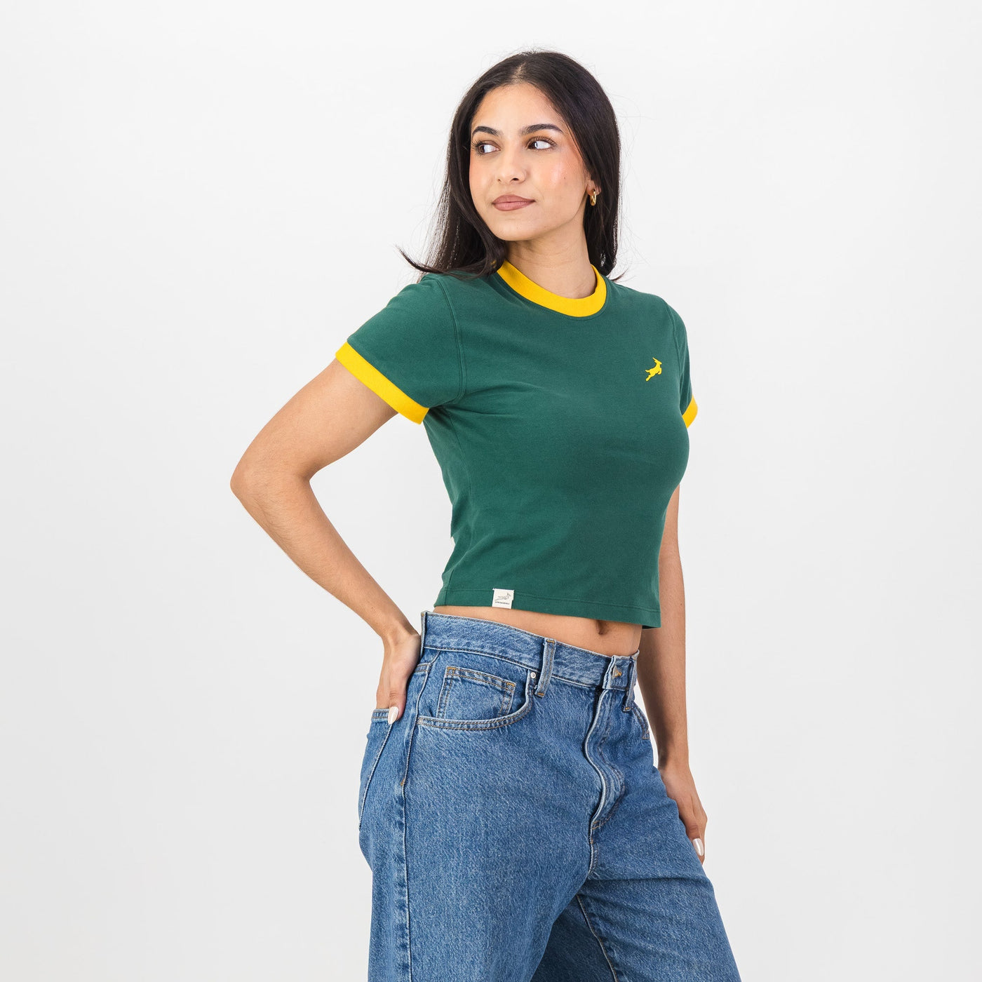 Official Springboks Women's Green Ringer Crop Crew Neck Rugby Tee Top