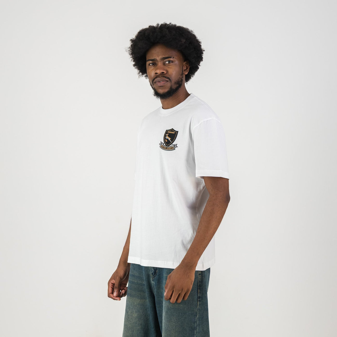 Official Springboks Rugby Shield Badge Crew Neck T-Shirt - White Cotton
