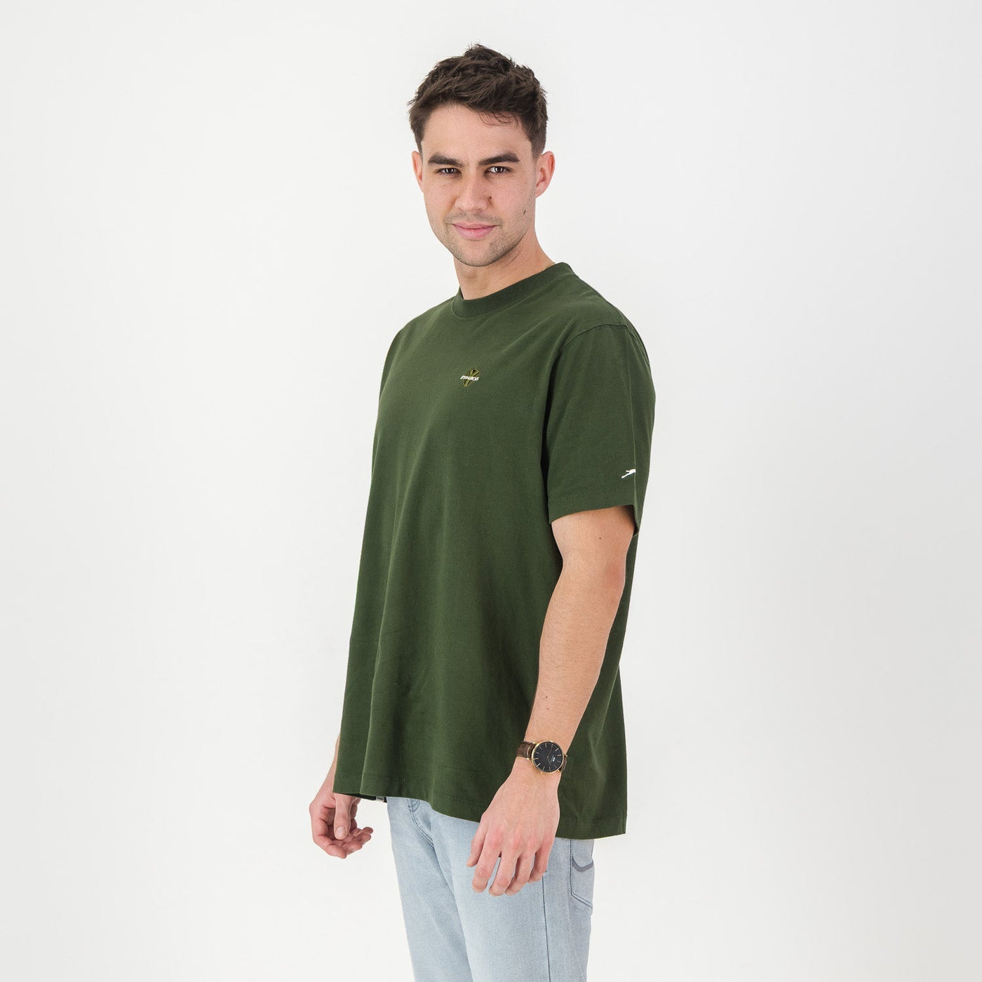 Springboks Men's Military Olive Premium Cotton Crew Neck T-Shirt - Embroidered Shield