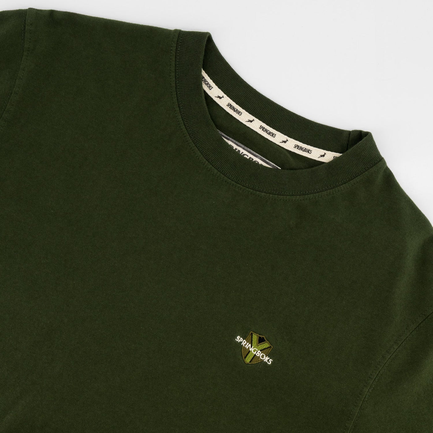 Springboks Men's Military Olive Premium Cotton Crew Neck T-Shirt - Embroidered Shield
