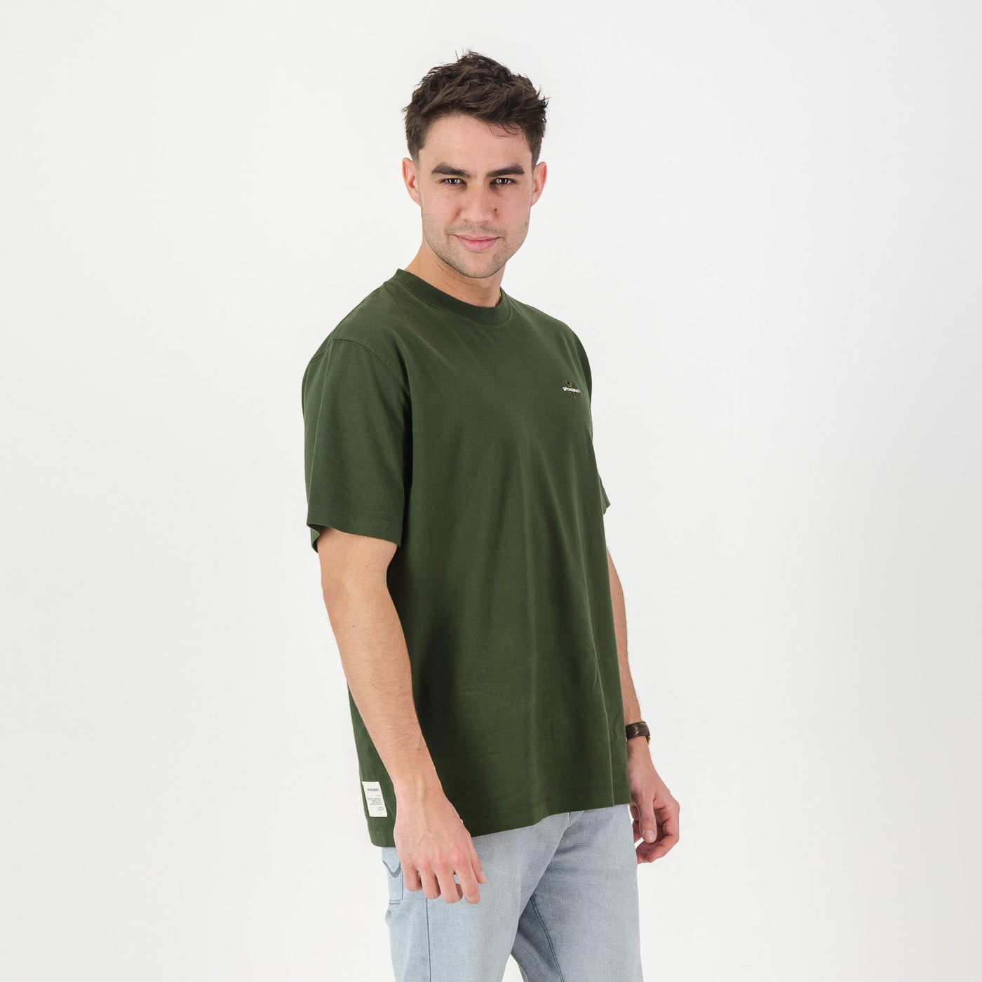 Springboks Men's Military Olive Premium Cotton Crew Neck T-Shirt - Embroidered Shield