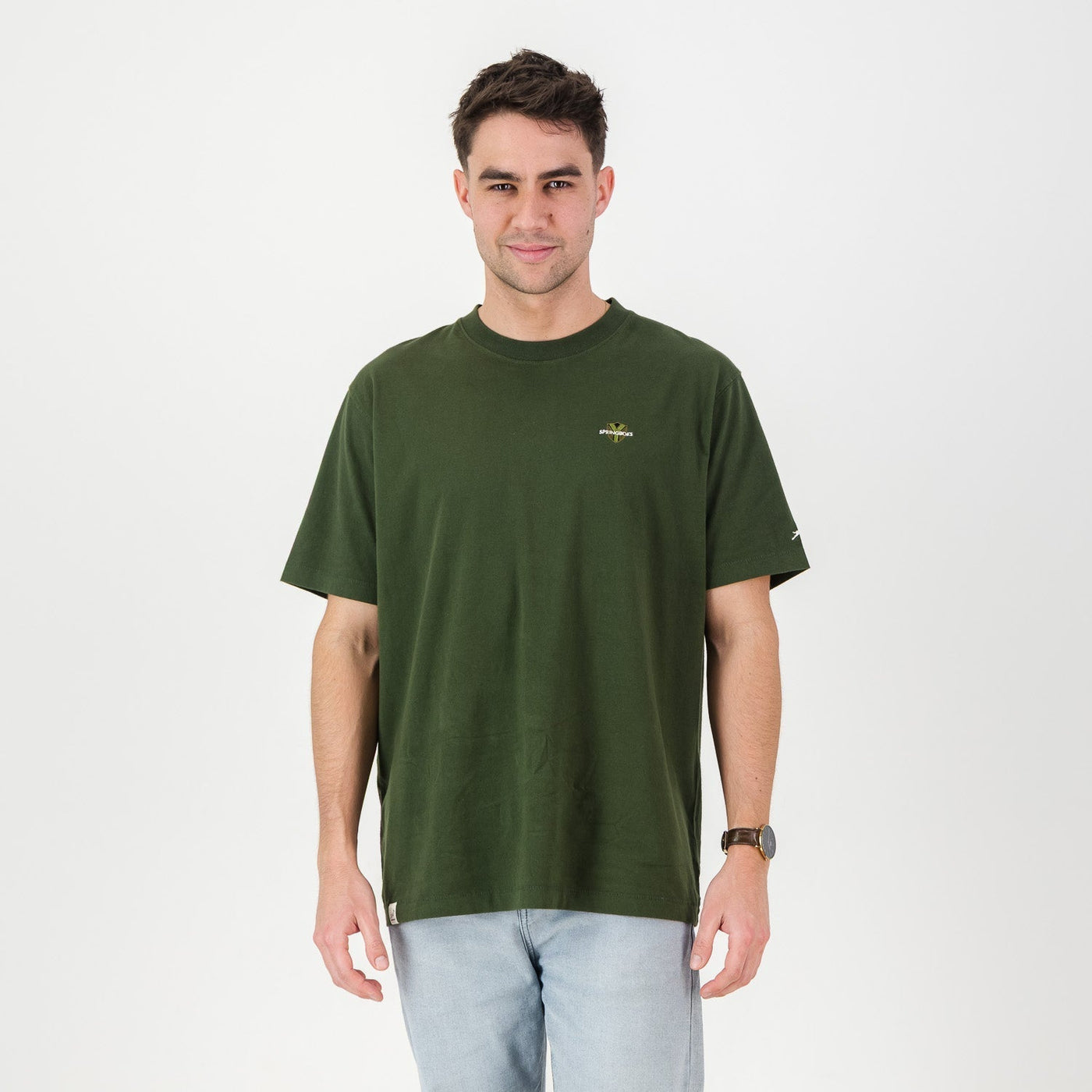 Springboks Men's Military Olive Premium Cotton Crew Neck T-Shirt - Embroidered Shield