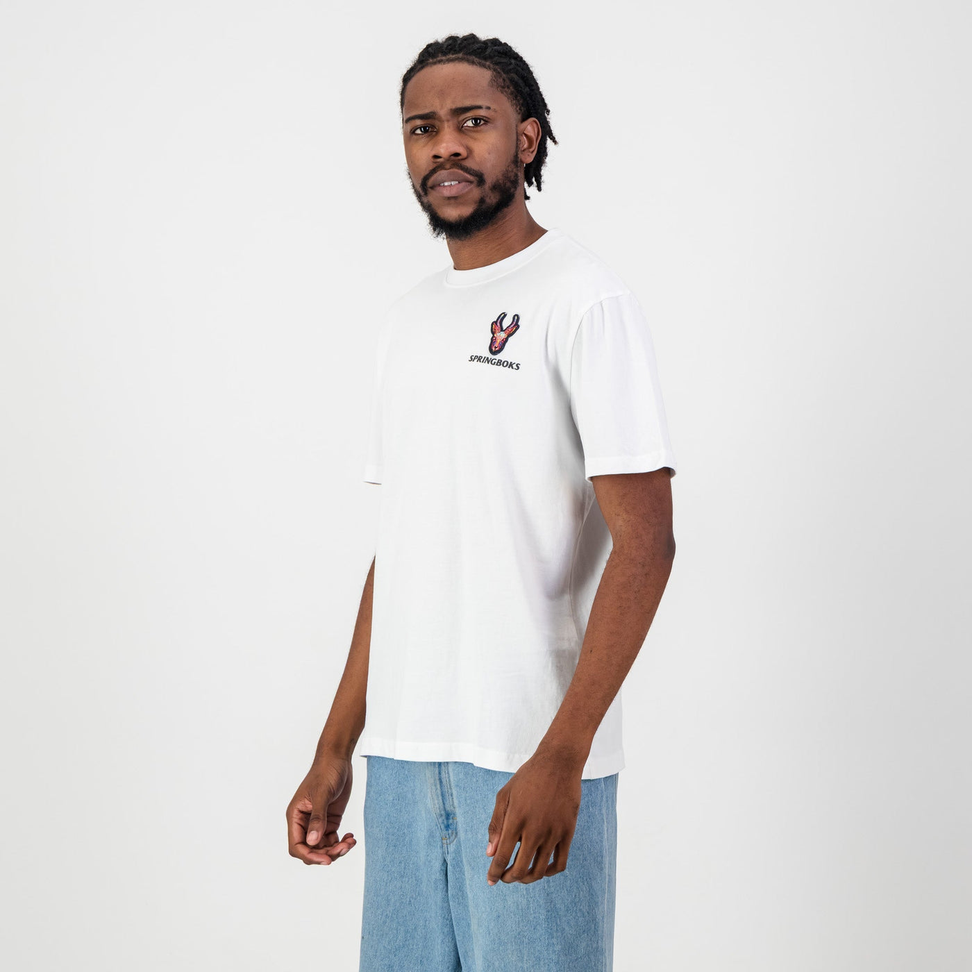 Springboks Embroidered Head Bok White Regular Crew Neck Cotton Tee