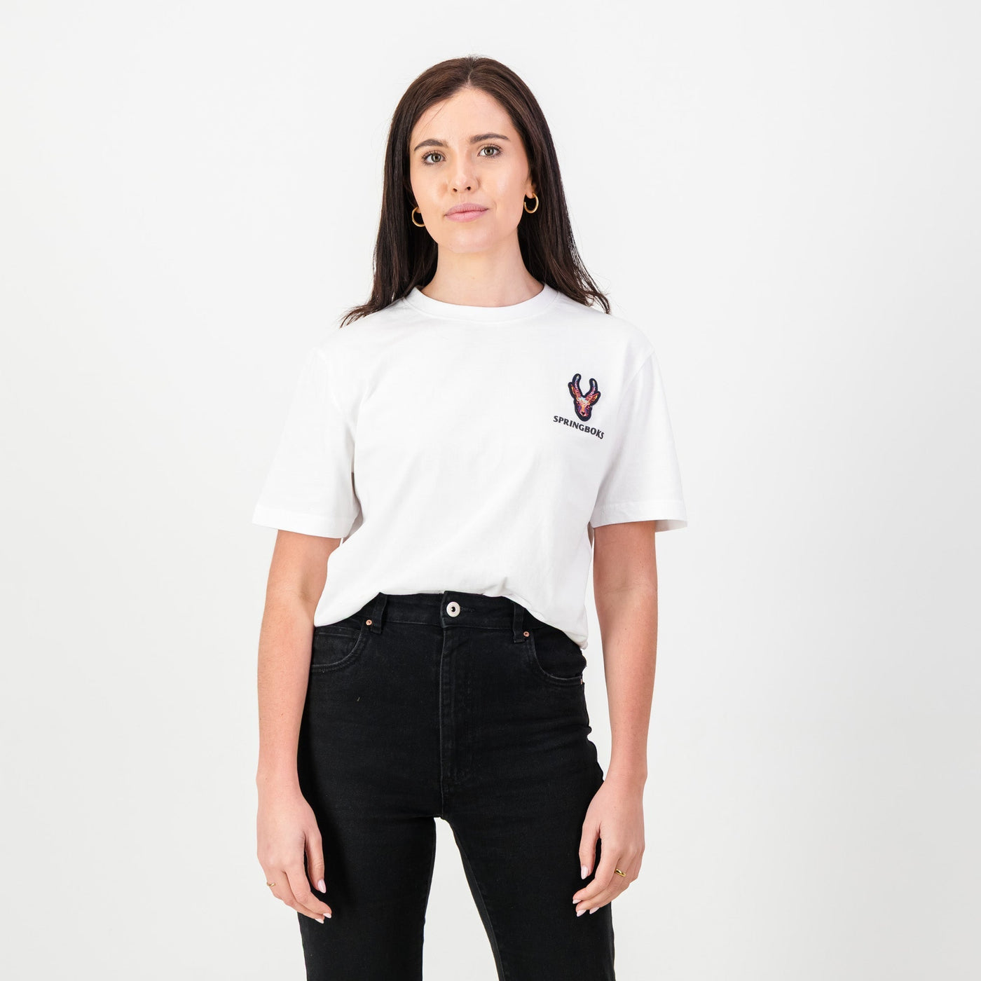 Springboks Embroidered Head Bok White Regular Crew Neck Cotton Tee
