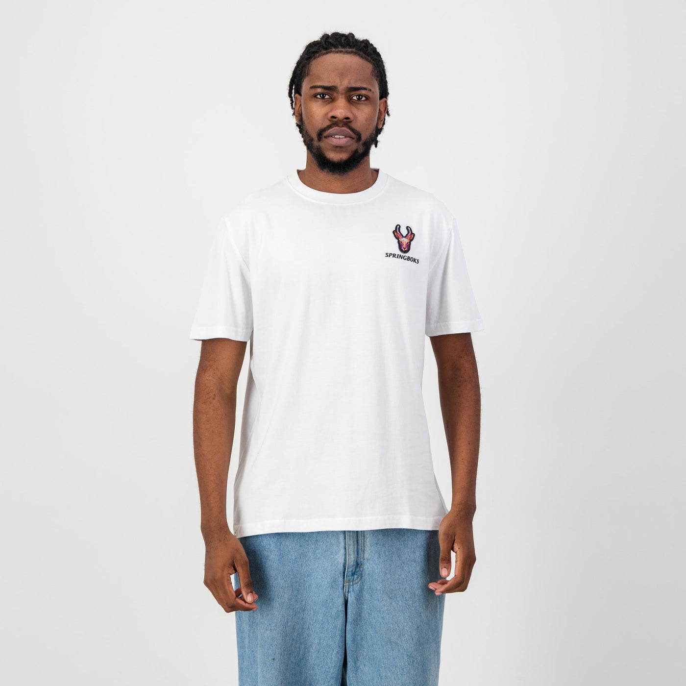 Springboks Embroidered Head Bok White Regular Crew Neck Cotton Tee