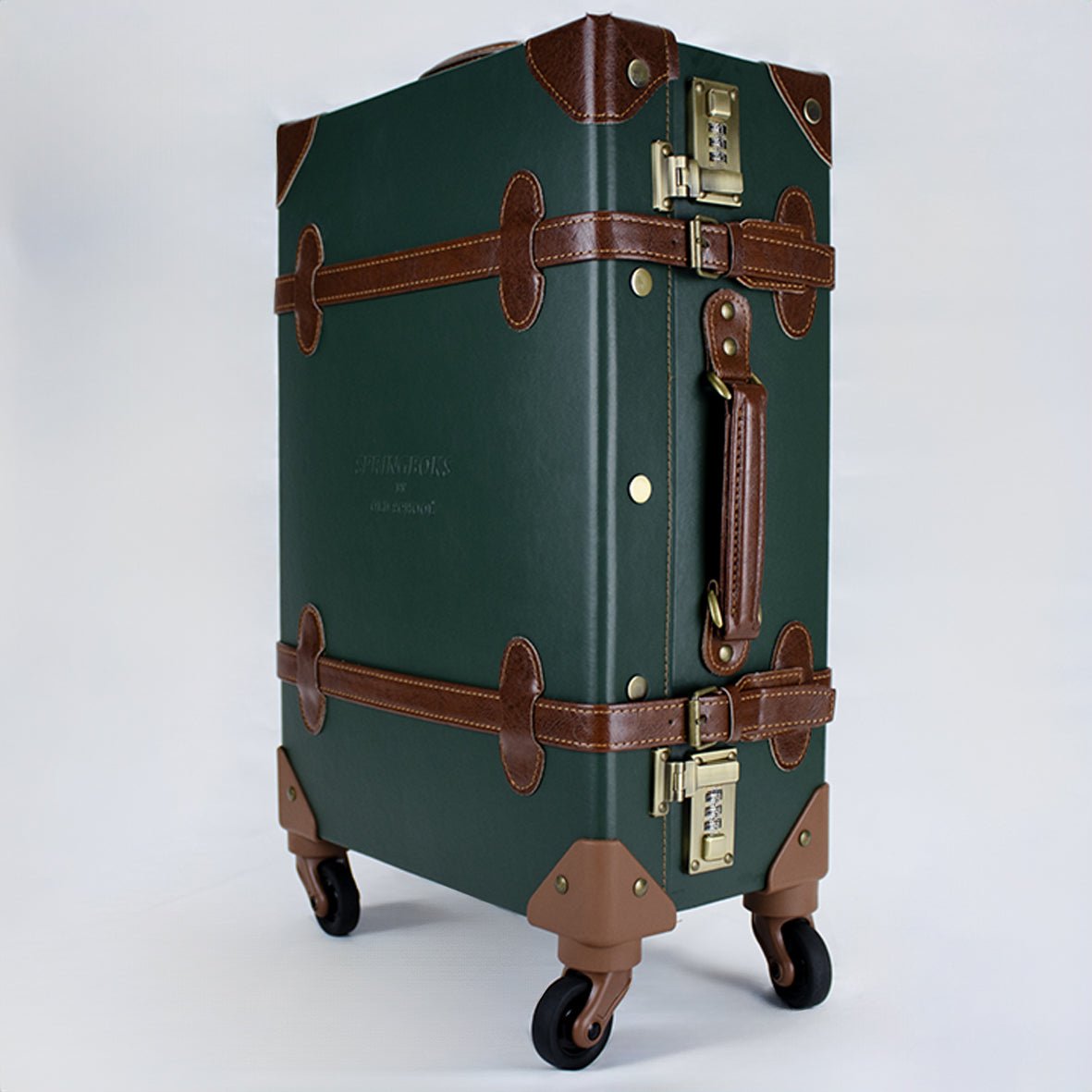 Nostalgic Springboks Green Travel Bag with Wheels, Lock, PU Leather, Carry-On