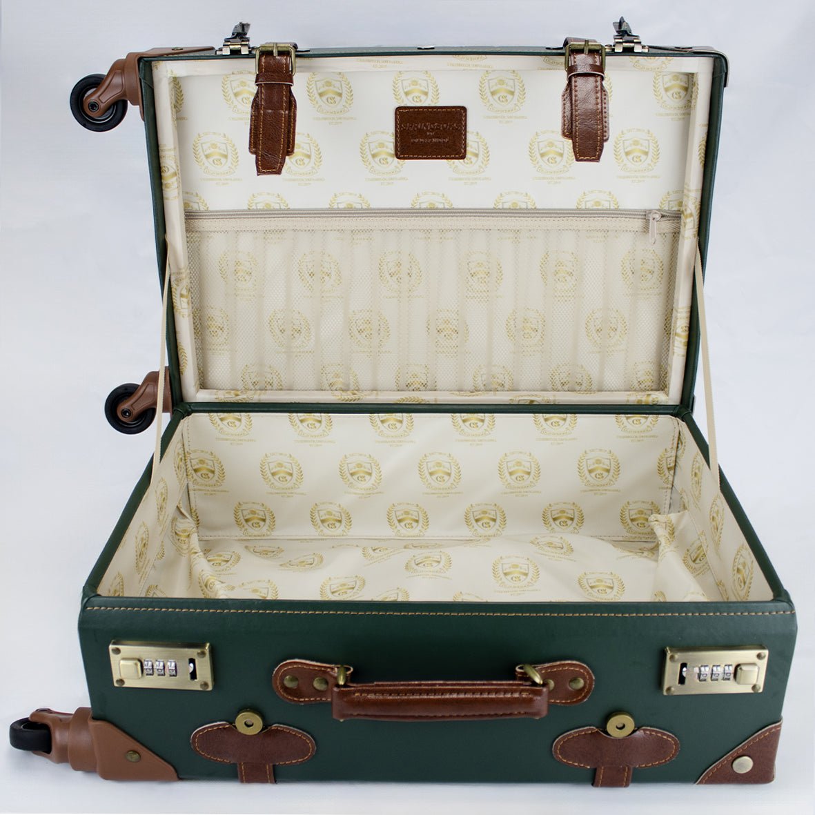 Nostalgic Springboks Green Travel Bag with Wheels, Lock, PU Leather, Carry-On