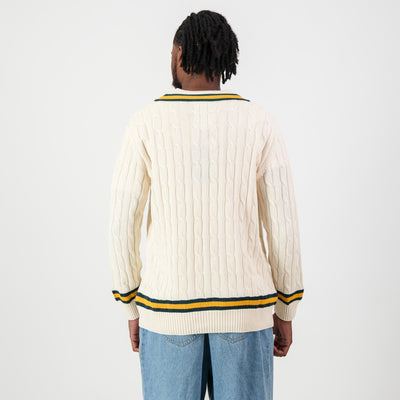 Premium Springboks V-Neck Cable Knit Ivory Sweater - 100% Cotton Rugby Fanwear