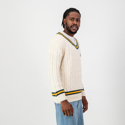 Premium Springboks V-Neck Cable Knit Ivory Sweater - 100% Cotton Rugby Fanwear