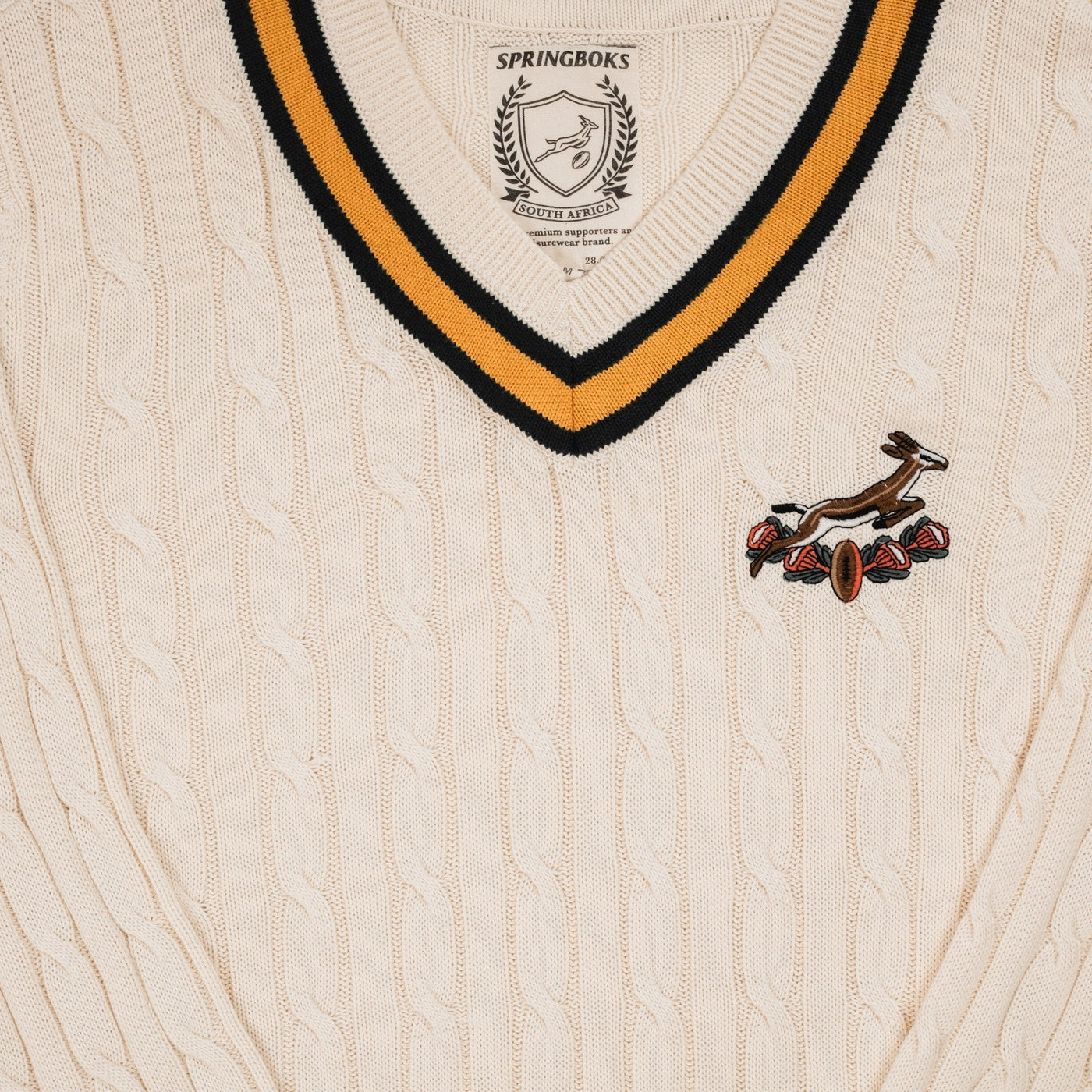 Premium Springboks V-Neck Cable Knit Ivory Sweater - 100% Cotton Rugby Fanwear