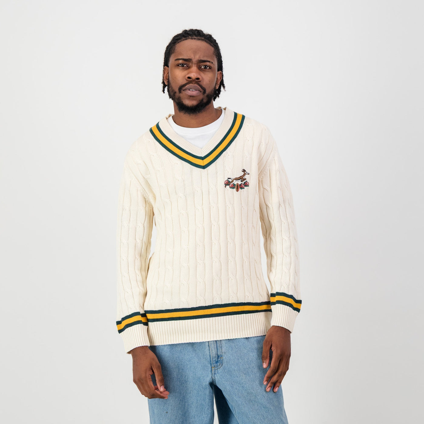 Premium Springboks V-Neck Cable Knit Ivory Sweater - 100% Cotton Rugby Fanwear