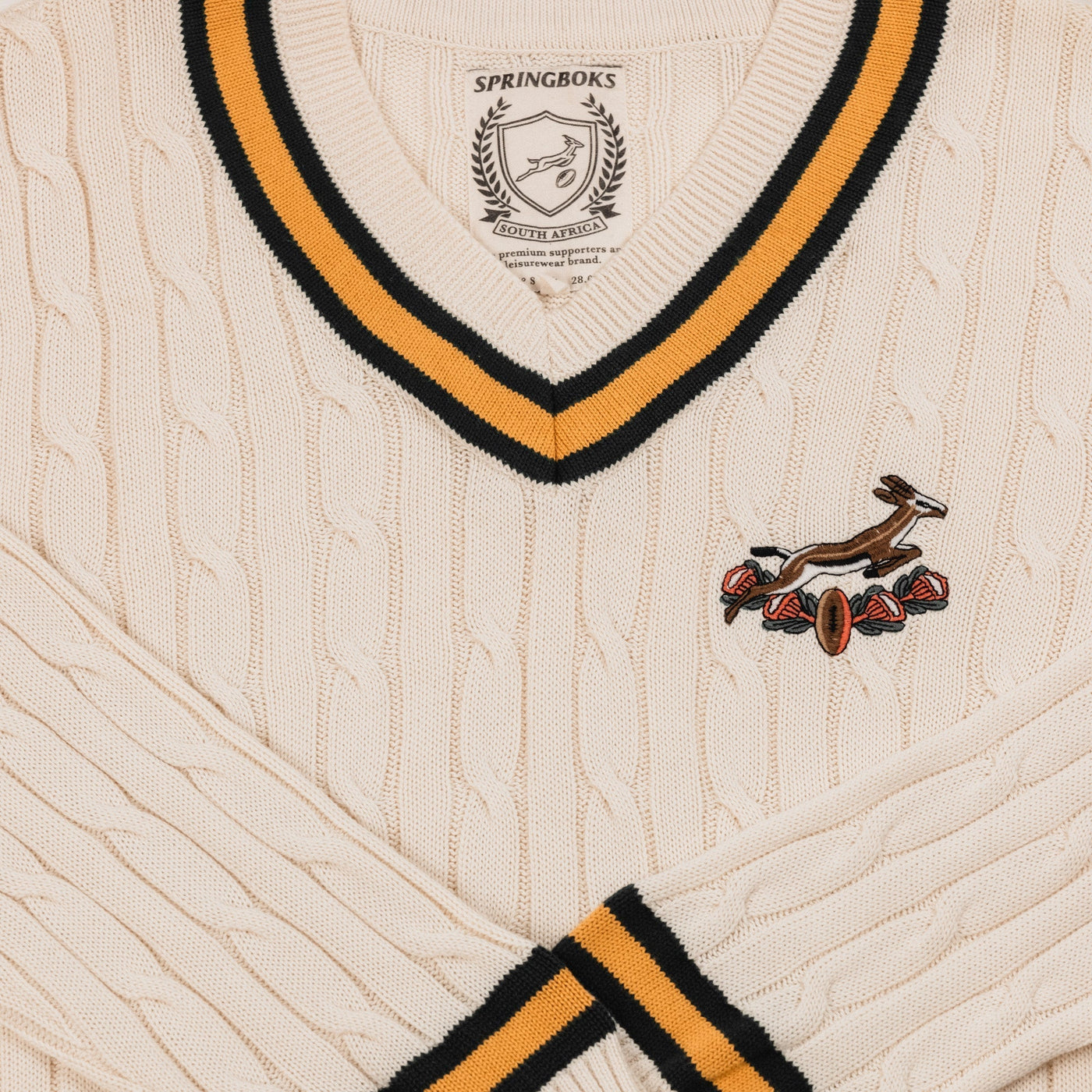 Premium Springboks V-Neck Cable Knit Ivory Sweater - 100% Cotton Rugby Fanwear
