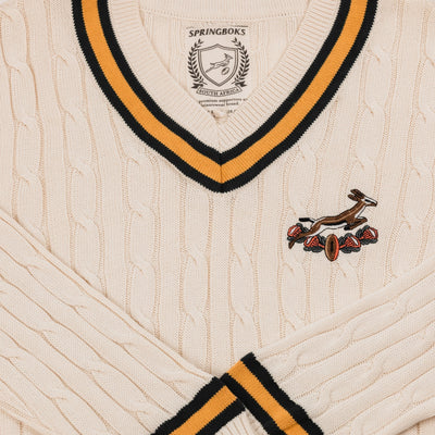 Premium Springboks V-Neck Cable Knit Ivory Sweater - 100% Cotton Rugby Fanwear