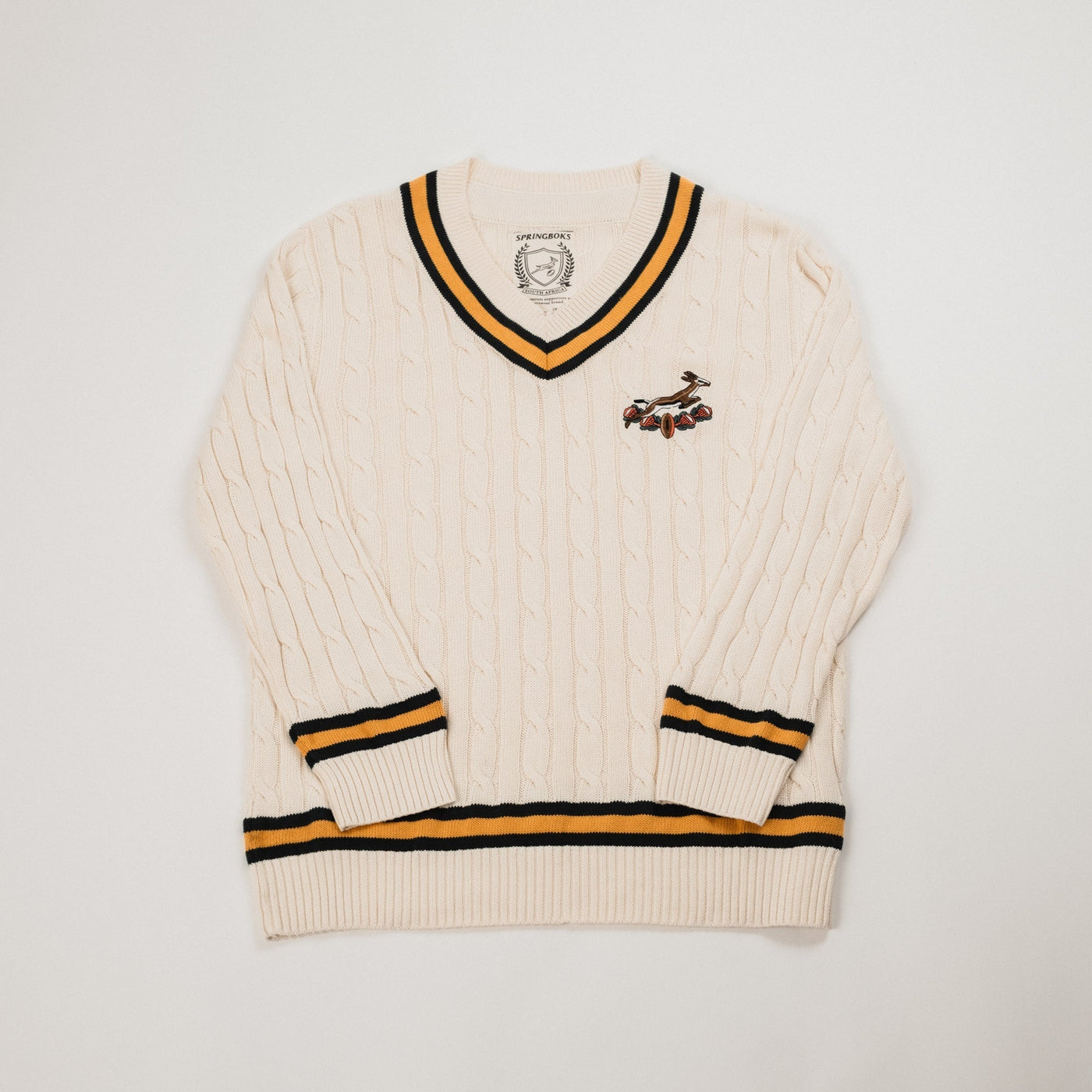 Premium Springboks V-Neck Cable Knit Ivory Sweater - 100% Cotton Rugby Fanwear