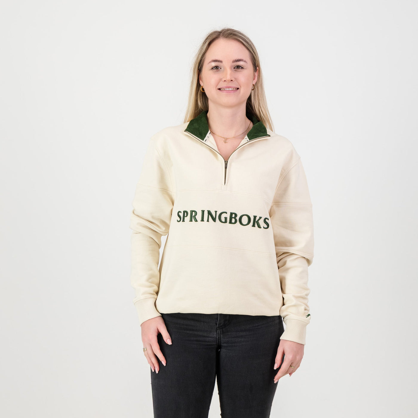 Springboks Wordmark Quarter Zip Sweatshirt: Premium Ivory French Terry Comfort