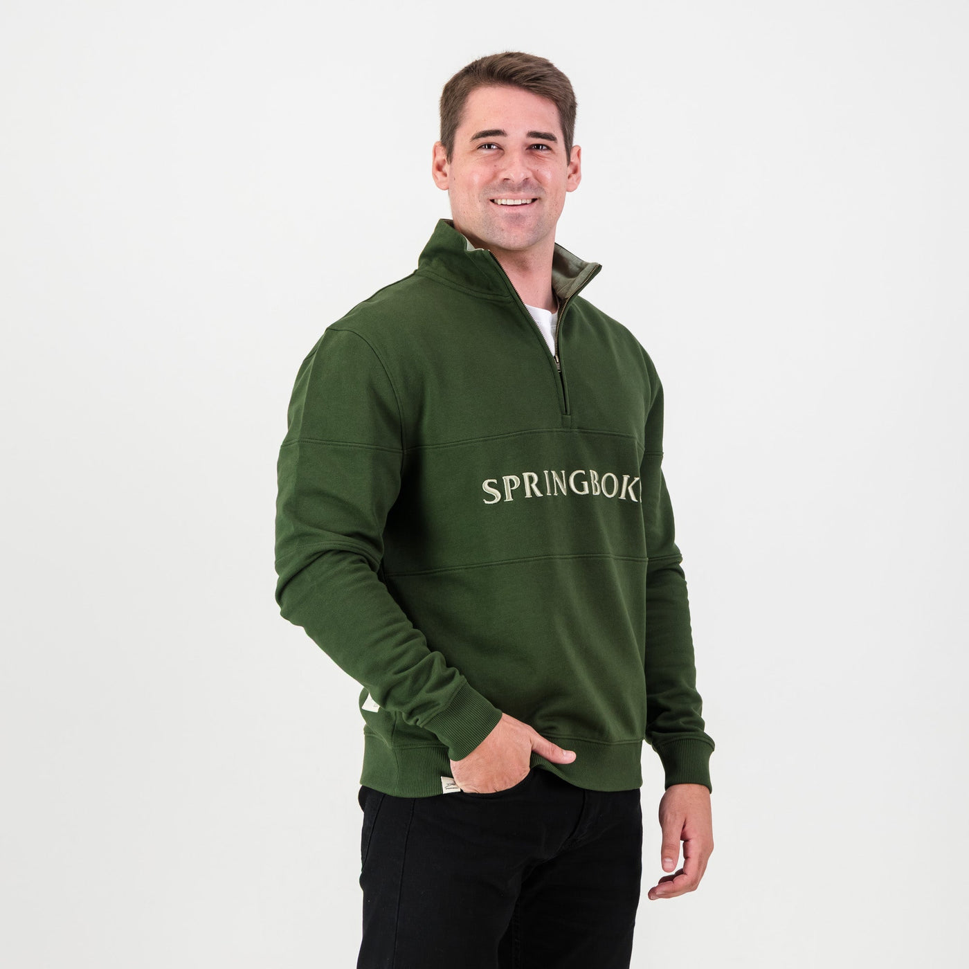 Springboks Wordmark Military Olive Quarter Zip Sweatshirt Heavyweight French Terry