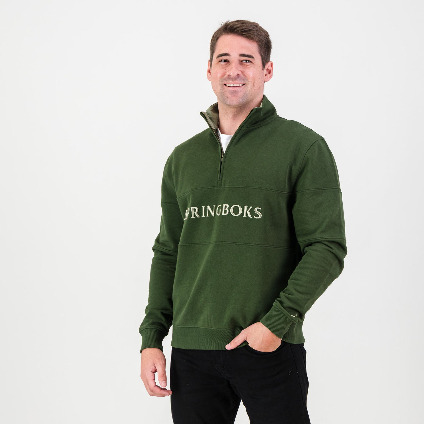 Springboks Wordmark Military Olive Quarter Zip Sweatshirt Heavyweight French Terry