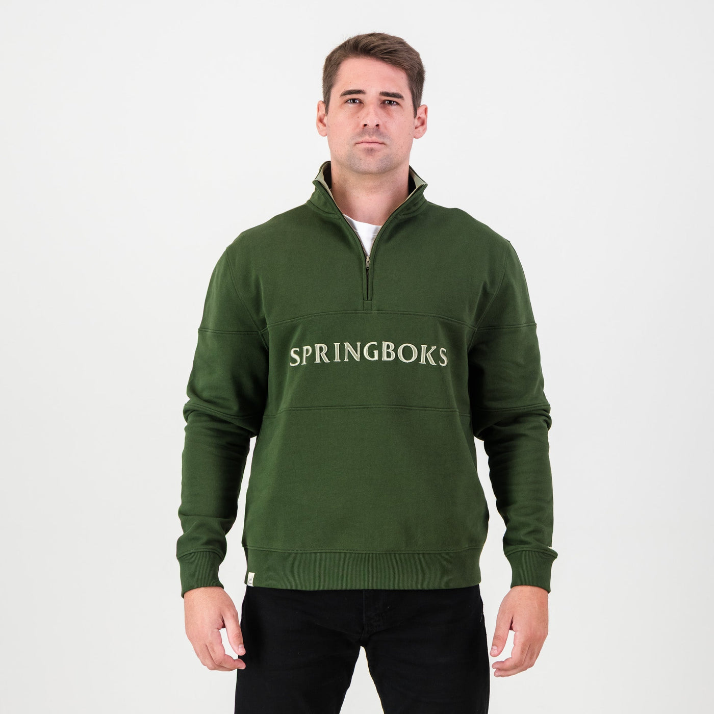 Springboks Wordmark Military Olive Quarter Zip Sweatshirt Heavyweight French Terry