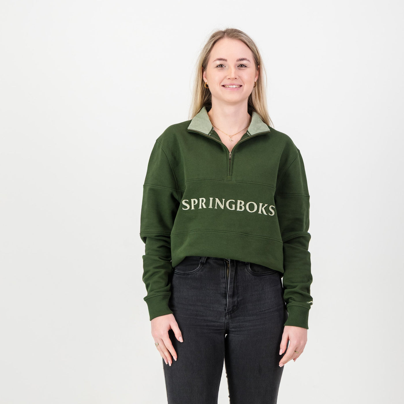 Springboks Wordmark Military Olive Quarter Zip Sweatshirt Heavyweight French Terry