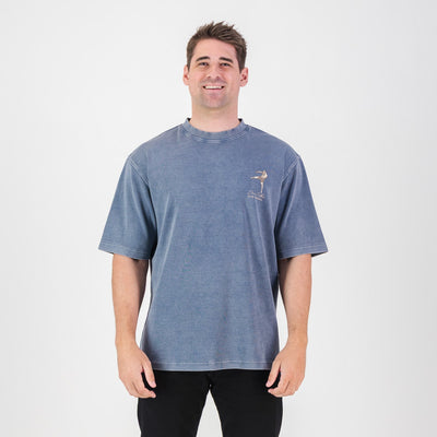 Stillknocks Men's Acid Wash Boxy Fit Crewneck Tee - Faded Denim Cotton Comfort